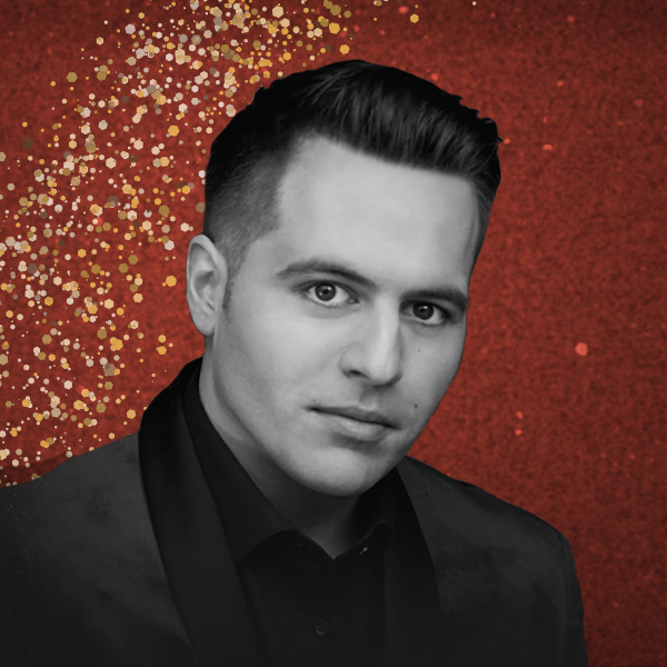 Picture of Mark Vincent with Red and Gold Christmas Background.