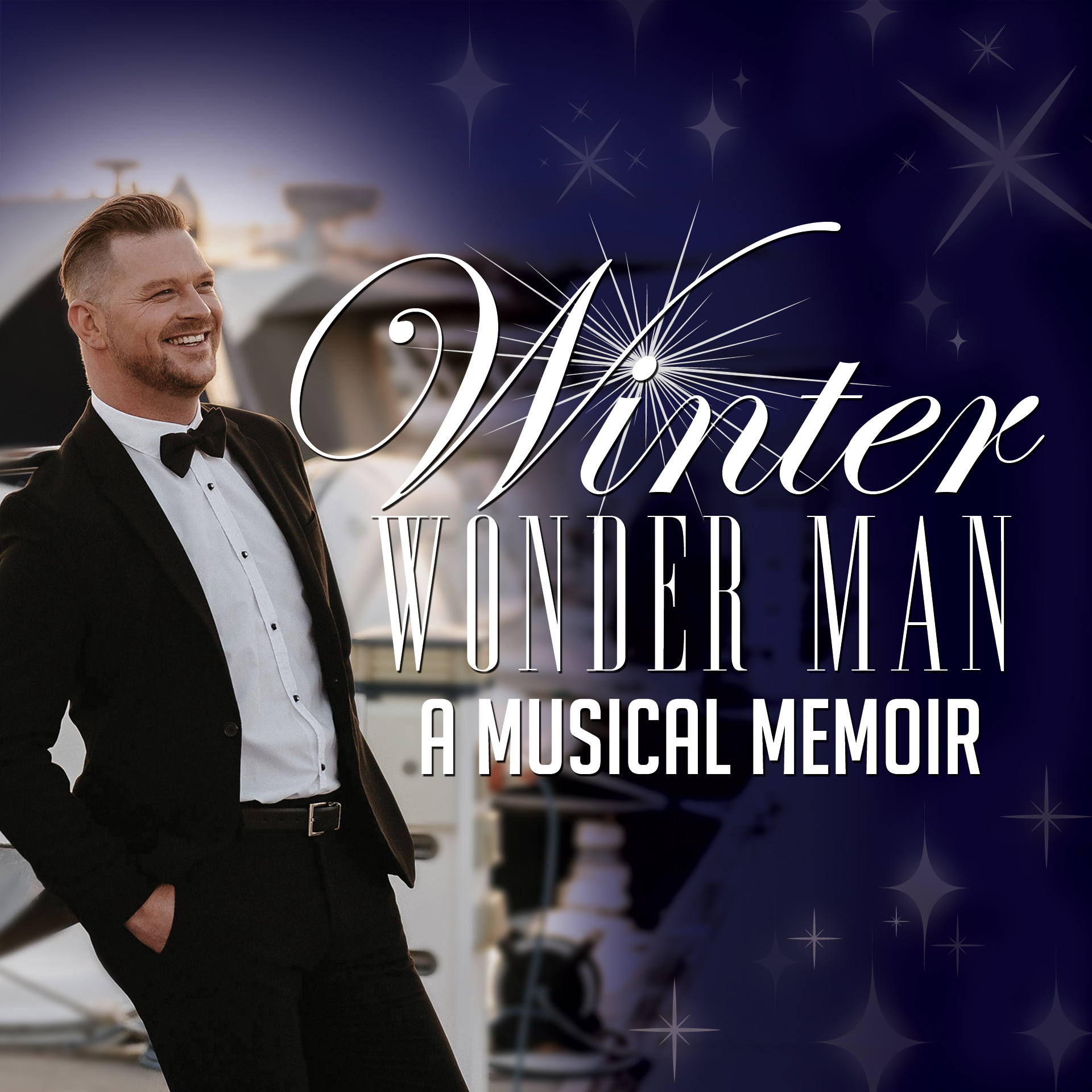 Poster of Michael Astill in a suit, with text reading Winter Wonder Man
